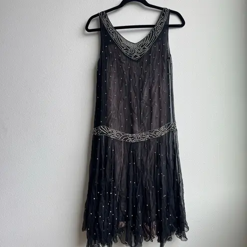 Vintage Art Deco Flapper Gatsy Sequin Jewel Black Silk Party Mini Flapper Dress