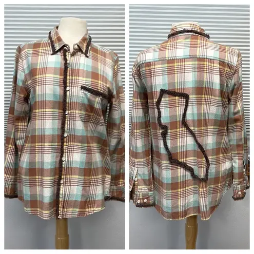 Dylan by True Grit Burnt Orange Plaid Fringe Detail Button Down Plaid Shirt