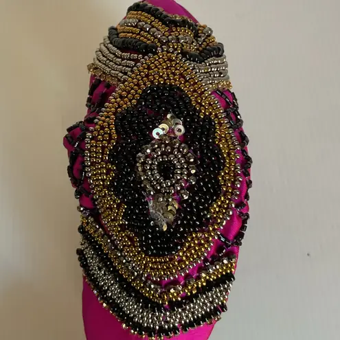 Mexican Beaded Padded Headband Fuchsia Turban Style Boho Embroidered Accessory Black