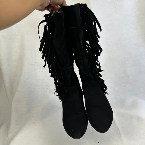 Black Suede Leather Fringe Slouch Boots Womens 6 Boho Western Festival Style