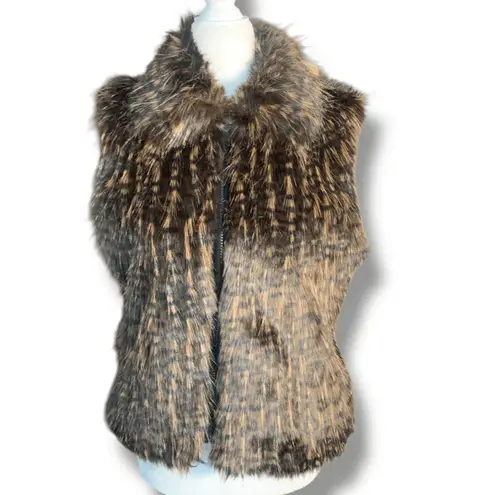 Vintage 90s Faux Fur Vest Brown Black Textured Feathers Small Boho Hippie
