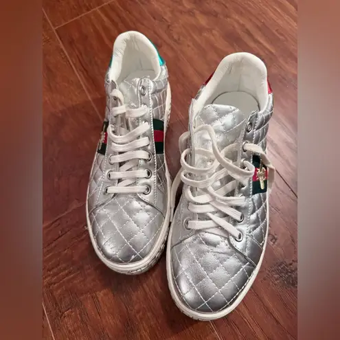 Silver leather sneakers with stripes/bees & crystal embellishments accents Sz 9