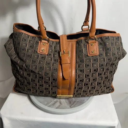L.A.M.B. Large Monogram Canvas Tote Brown Tan Leather Trim Shoulder Bag