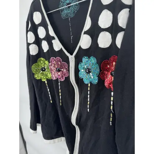 Jack B. Quick Floral Sequin Embroidered Zip Sweater Women XXL Black Retro Funky