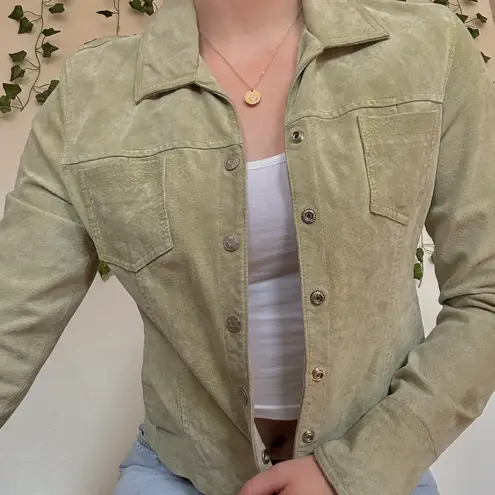 Live a Little Y2K 100% Leather Sage Green Leather Button Jacket