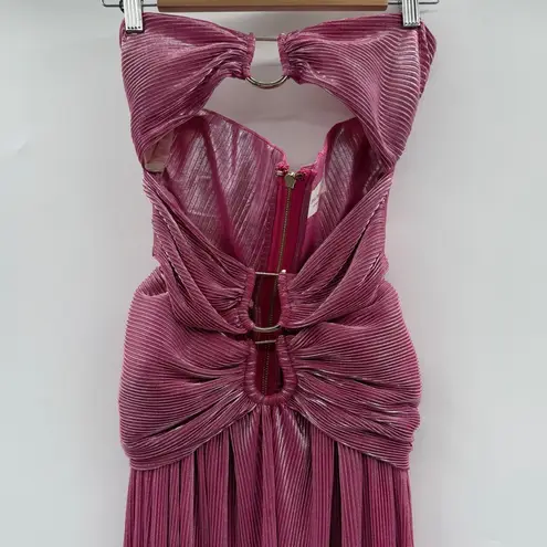 Bronx and Banco Sonny Strapless Cut Out High Slit Maxi Dress Gown in Metallic Rose