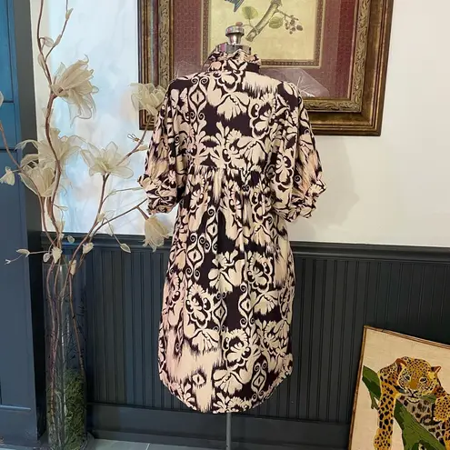 Never A Wallflower Ruffle Neck Damask Babydoll Cotton Mini Dress