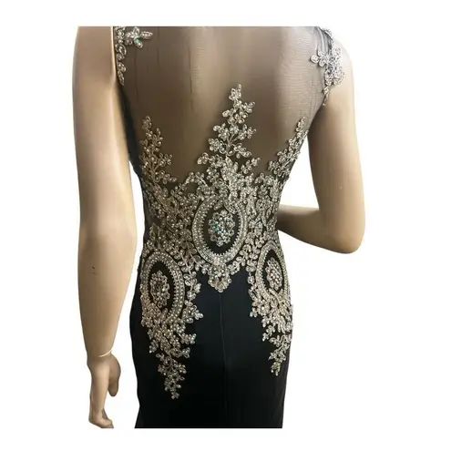 Shail K Rhinestone Mesh Black Gold Evening Gown W/ Train Size 10 Prom