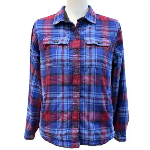 LL Bean Shirt Jacket Women’s XS Blue Plaid Fleece Lined Snap Front Pockets Cozy