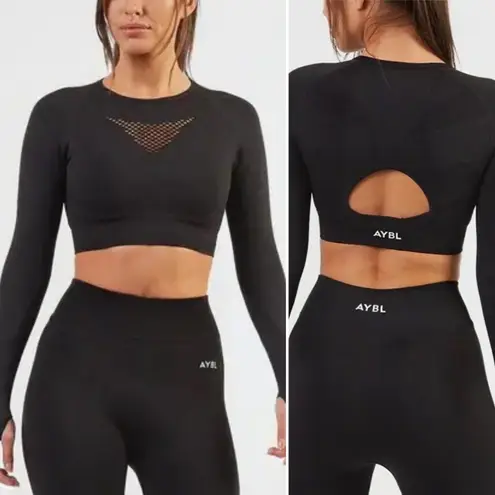 AYBL Black Motion Seamless Cropped Long Sleeve Gym Top Thumbholes Cutout Back XS