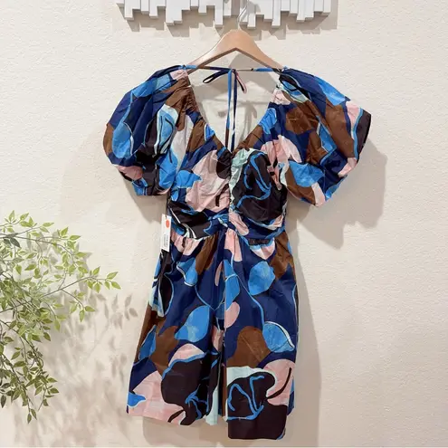 Greylin Fannie Plunge Neck Gathered Cotton Mini Dress Navy Multi NWT