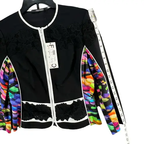 Fuego Woman Jacket Womens 8 Black Multicolor Mixed Media Full Zip Artsy Chic NEW