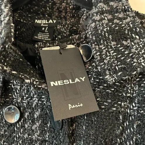 Neslay Paris Black Metallic Tweed Double Breast Peacoat Size S NWT