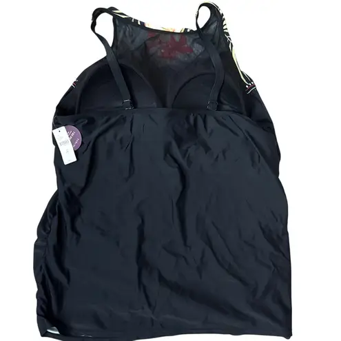 Cacique Swim Plus Non Wire Floral Beaded Tankini Top Black Size 24