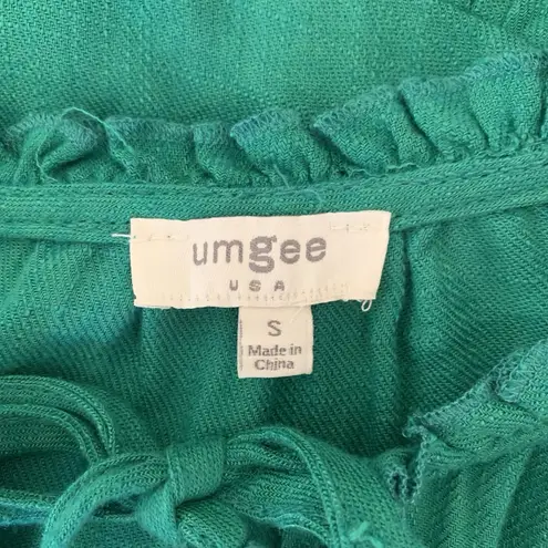 Umgee  Green Linen Rayon Boho Peplum Blouse Tassel Tie Neck Short Sleeve Small
