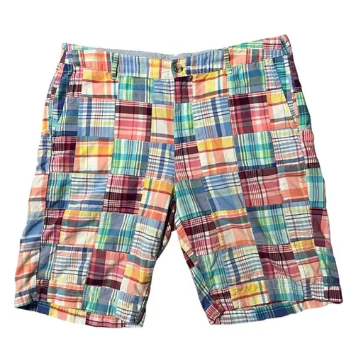 L.L. Bean Patchwork Shorts Favorite Fit Bermuda Plaid Madras Size 14R Blue