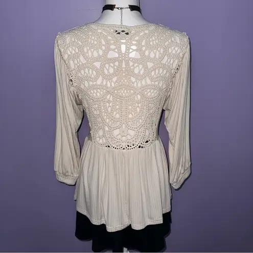 White Birch NWT  Tan Crochet Babydoll Blouse