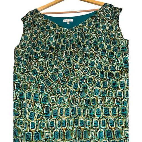 Jones Studio Green V-Neck Gathered Front Geometric Midi Dress Womens 16W Retro