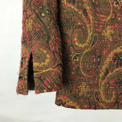 Vintage Paisley Brown Fall Earth Tone Wool Blend Boucle Open Front Jacket Size S