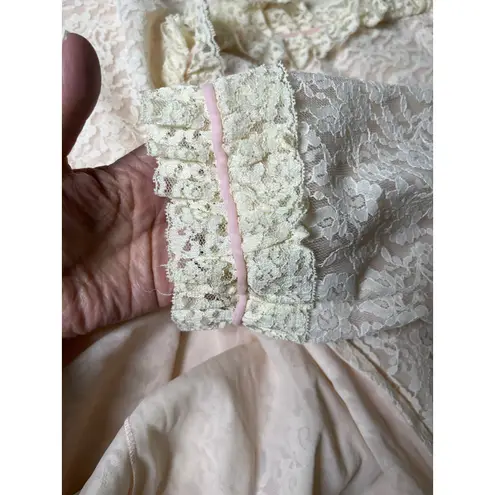 Vintage Lady Irene Lace Ruffle Peignoir Robe L Ivory Pink Ribbon Nylon Nightgown Tan Size L