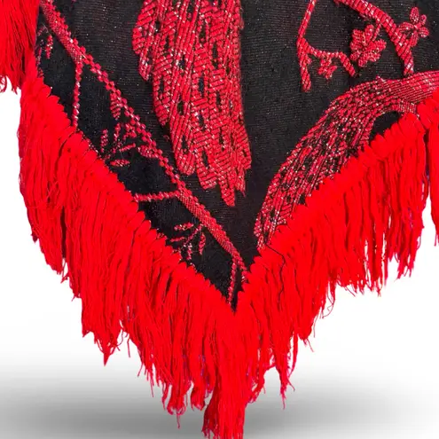 Vintage Black Red Peacock Fringe Shawl Poncho Boho Statement Holiday Topper Size M
