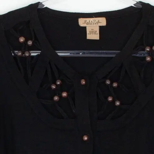 Peck & Peck Weekend Black Embellished Cutout Button Front Cardigan Sweater XL