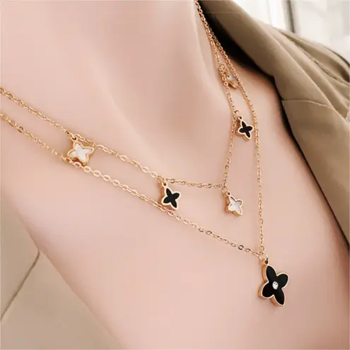 Black And White Clovers Gold Layered Necklace