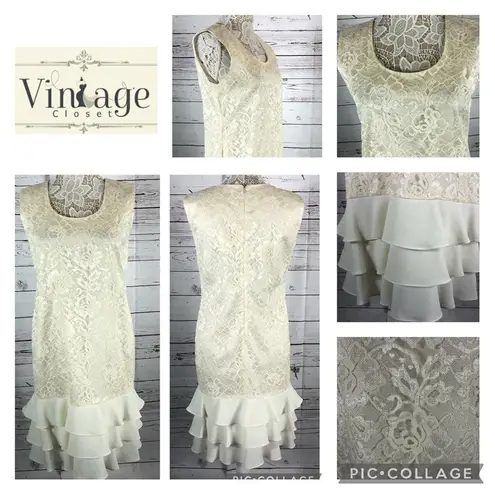 Leslie Fay Vintage 80's  sleeveless lace cream dress with ruffles size 10