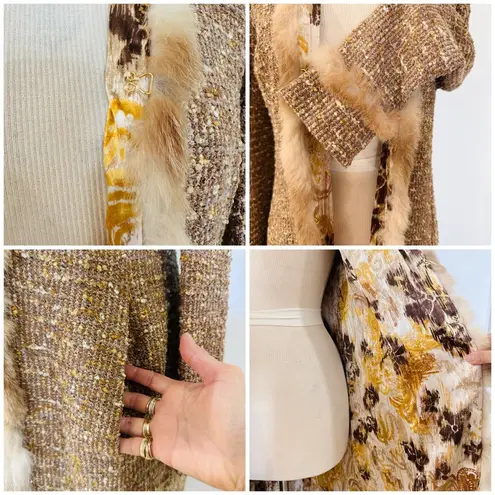 St. John couture genuine fur trim gold knit cardigan/ jacket EUC