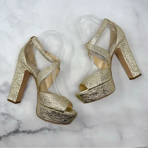 Jimmy Choo April 120 Metallic Foil Leather Platform Sandal Block Heels Gold 39