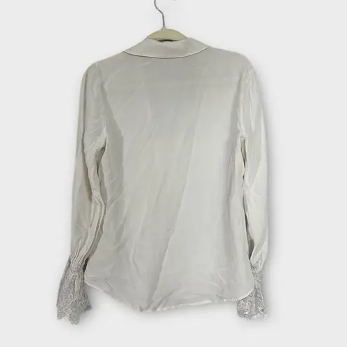 L'Agence Shyla Blouse Women's XS Ivory Silk Long Sleeve Lace-Cuff V-Neck