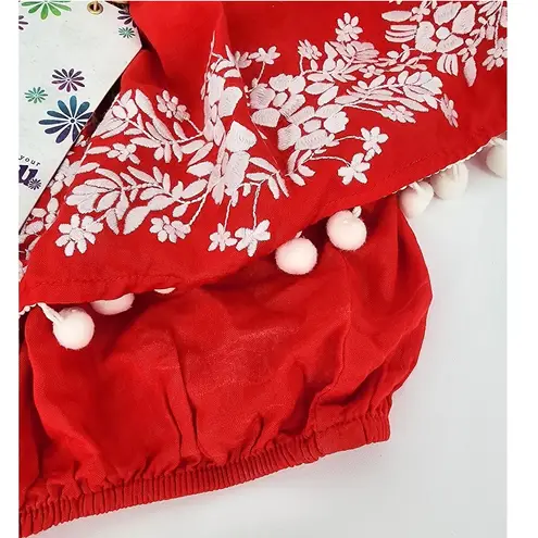 Show Me Your Mumu  Teagan Pom Pom Crop Top Firecracker Red with White Embroidery
