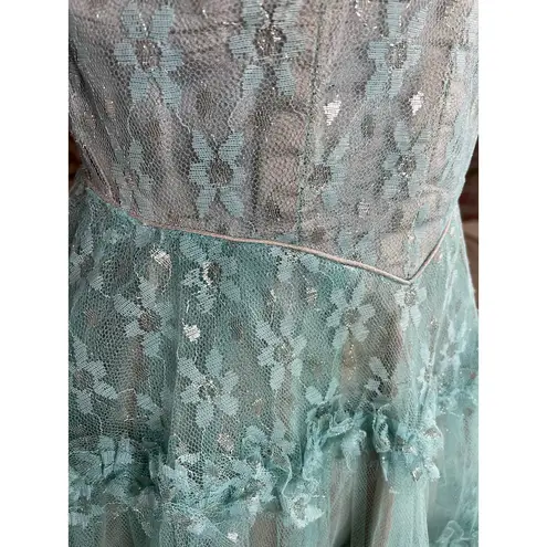 formal dress prom 1950s floral princess tulle aqua blue Green