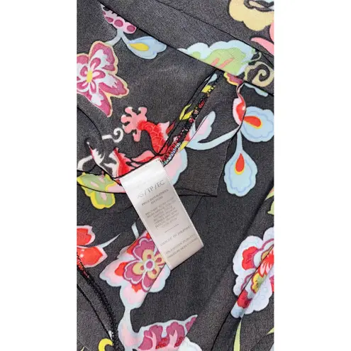 Natori Black Floral Print Slip Dress V Neck Spaghetti Straps Midi Night Gown XS