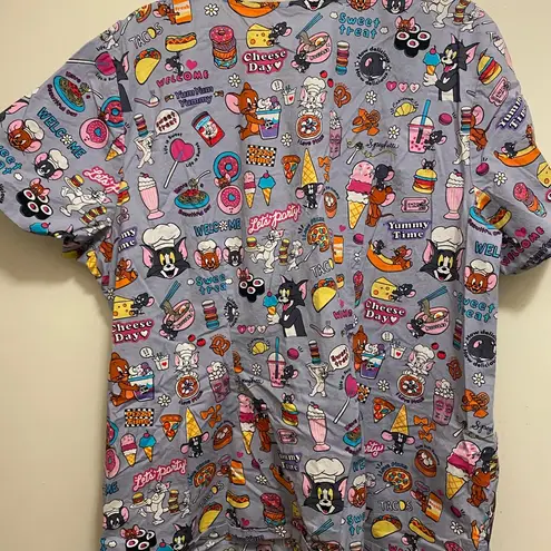 Tom & Jerry Womens Scrub Smock Top 2XL Bust 50” Let’s Party Treats Food READ Gray Size 2X