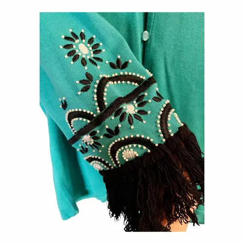 Bob Mackie  Wearable Art Open Cardigan Teal Green Long Sleeves Embroidered Fringe