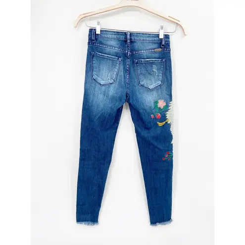 KanCan Crane Bird Floral Embroidered Frayed Hem Mid Rise Skinny Blue Jeans Sz 25