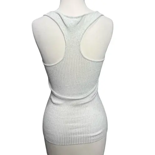Bebe  Y2K Tank Top M Light Gray Shimmer Ribbed Knit Stretch Scoop Racerback Glam