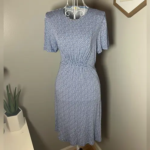 Boden Crew Neck Smocked Jersey Mini Dress Size 8R Bluebell Geo Blooms Blue