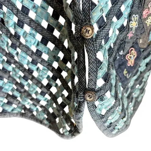 NAPA VALLEY Denim Vest SZ 1X Mixed Media Patches Open Weave Embroidery Western Blue