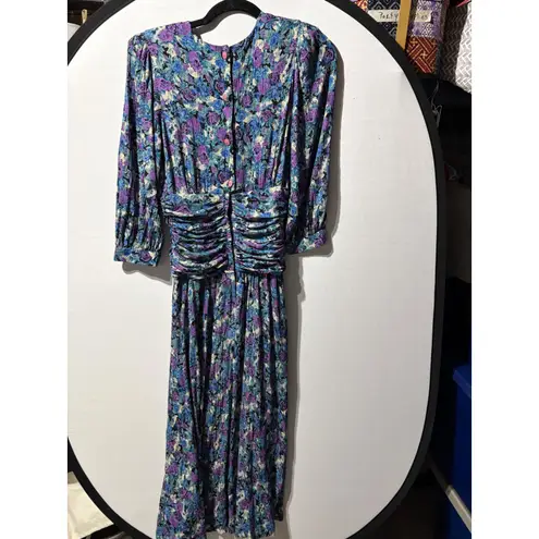 Vintage Floral Print Pleated Midi Dress Women's Long Sleeve Ruched Waist Purple Size 8