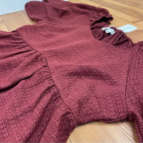 Lena & Lou Deep Red Woven Empire Waist Babydoll Midi Dress Puff Sleeves 1X New