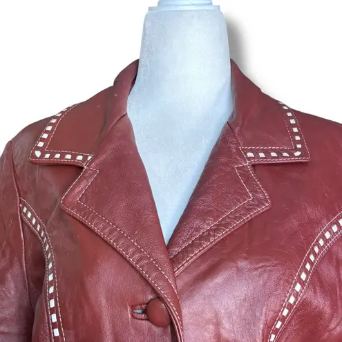 Vintage 70s Burgundy Leather Longline Trench Coat White Whipstitch Western Ranch Red
