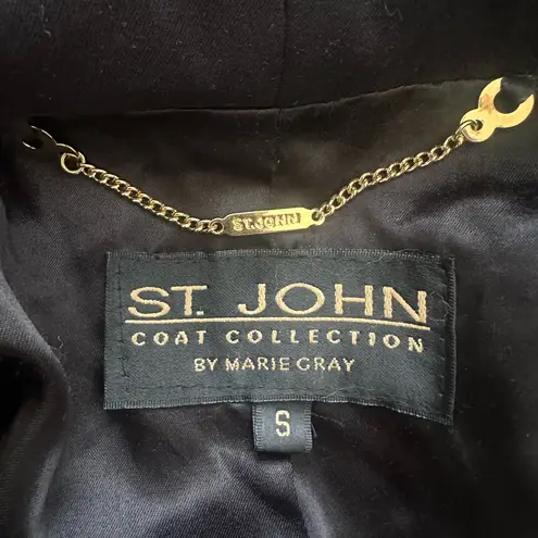 St. John Coat Collection Jacket Hooded Zip Up Gold Buttons Pockets Black Sz S