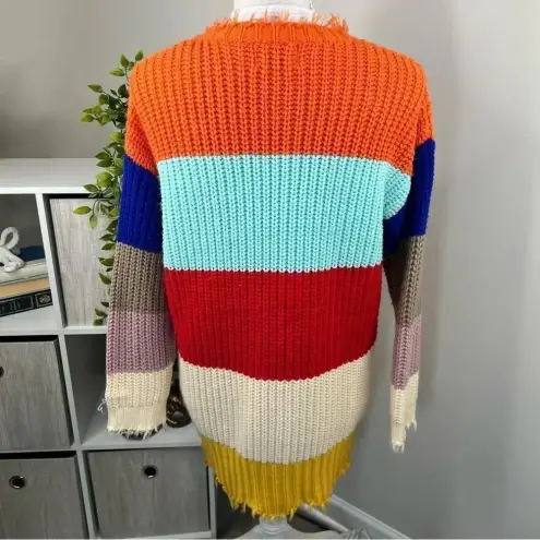 Dress Up  Colorful Striped Tunic Sweater V Neck Frayed Trim Size S