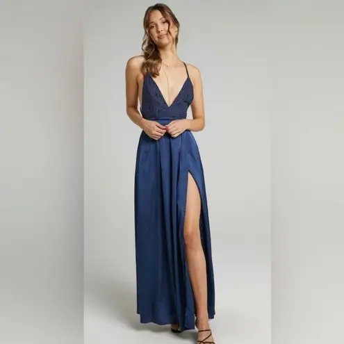 Showpo Navy Inspired Tribe Plunge Neckline Maxi Lace Open Leg Dress Size US 6 Blue