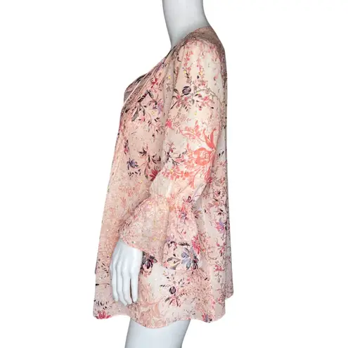 T Tahari Shirt Womens Medium Pink Floral Bell Sleeve Tasseled Tie Top Bloomcore