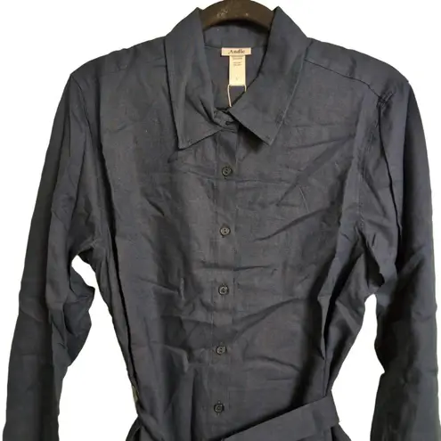 ANDIE NWT Button Up Linen Blend Navy Blue Tie Waist Long Sleeve Collared Shirt L