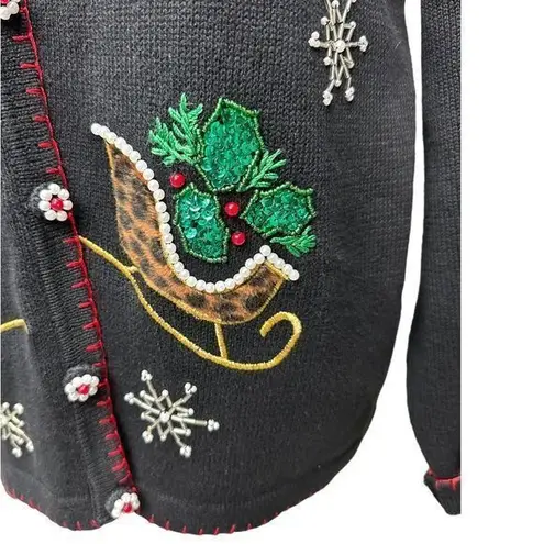 B.P. Designs Christmas Holiday Sweater Sleigh Sequins Snow Buttons Beads Size XL Black