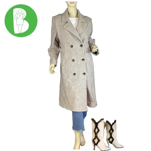 VINTAGE 1980'S NOBLE FASHIONS BROWN & CREAM WOOL HERRINGBONE TRENCH COAT (12)